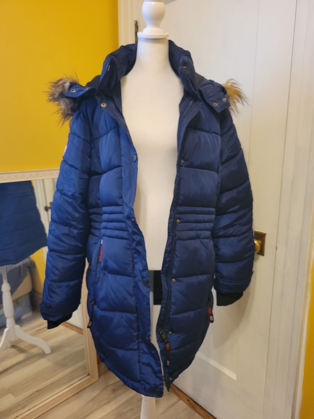 Long Navy Blue Puffer Coat with Hood